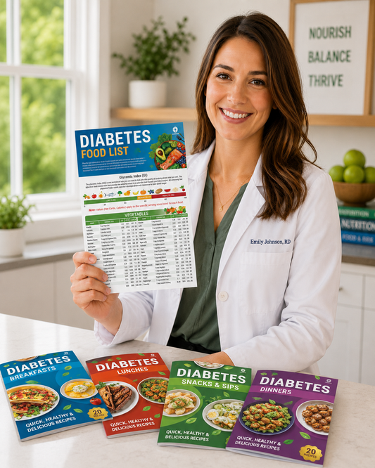 Registered dietitian holding the Diabetes Food List GI chart with the four color-coded diabetes recipe books (breakfasts, lunches, snacks & sips, dinners)
